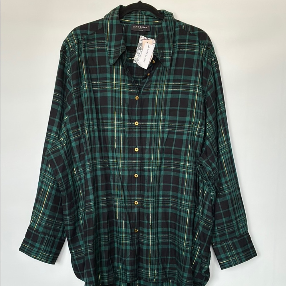 Lane Bryant Dark Green & Gold Plaid Button Down Women’s Shirt